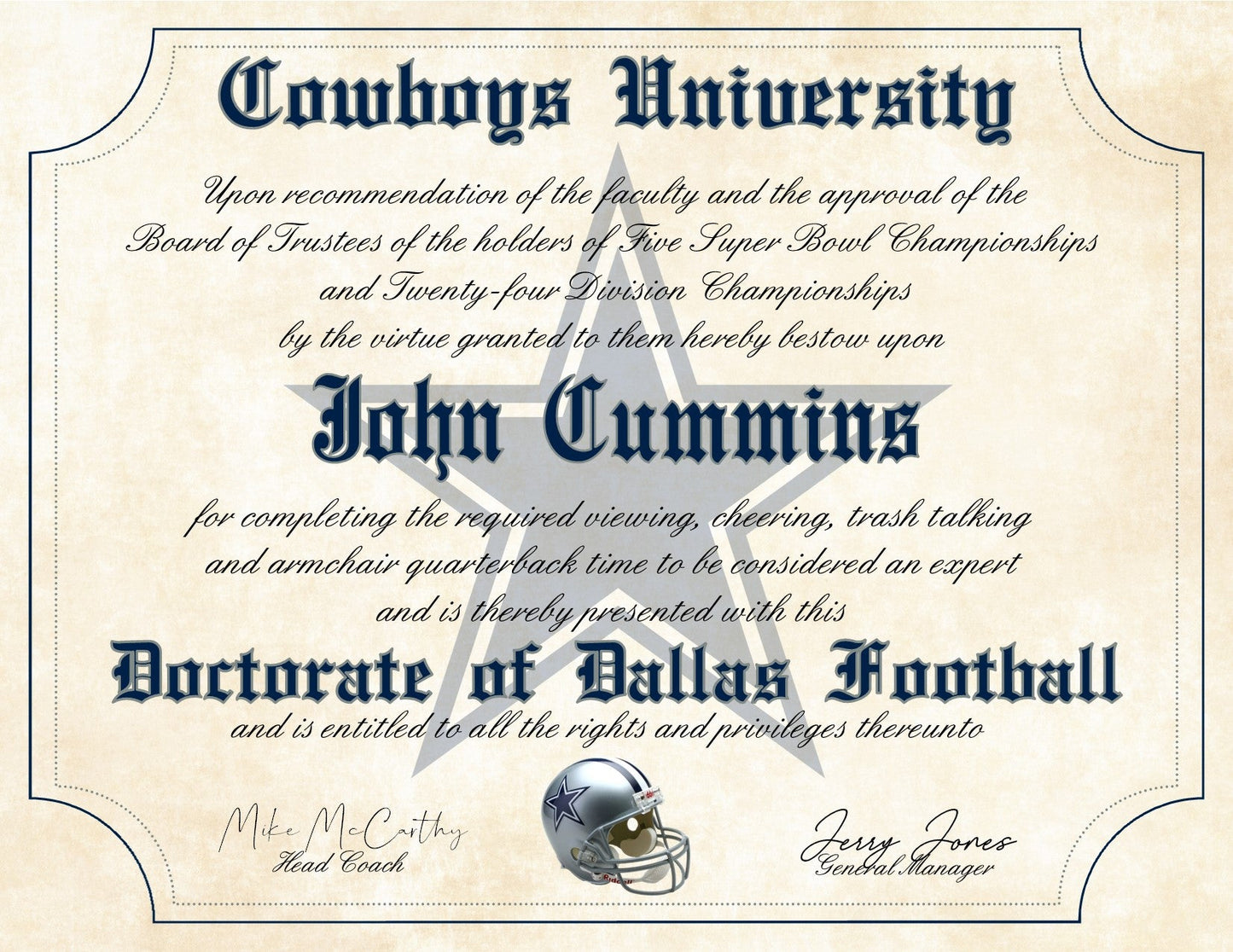 Dallas Cowboys Ultimate Football Fan Personalized Diploma - Perfect Gift