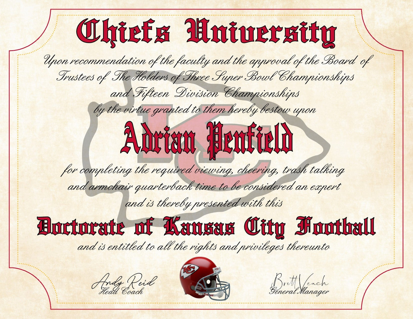 Kansas City Chiefs Ultimate Football Fan Personalized Diploma - Perfect Gift - 8.5" x 11" Parchment Paper