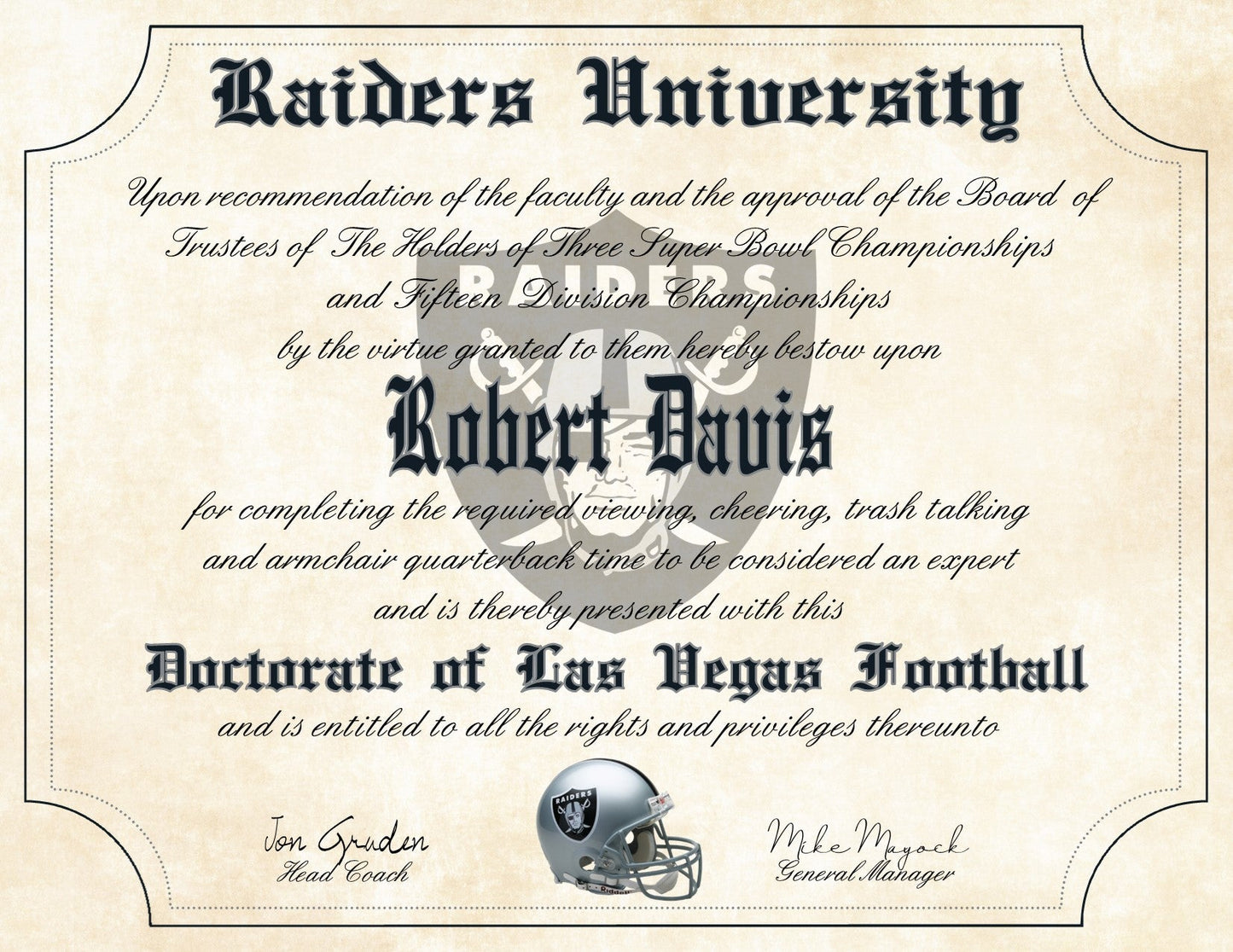 Las Vegas Raiders Ultimate Football Fan Personalized Diploma - 8.5" x 11" Parchment Paper