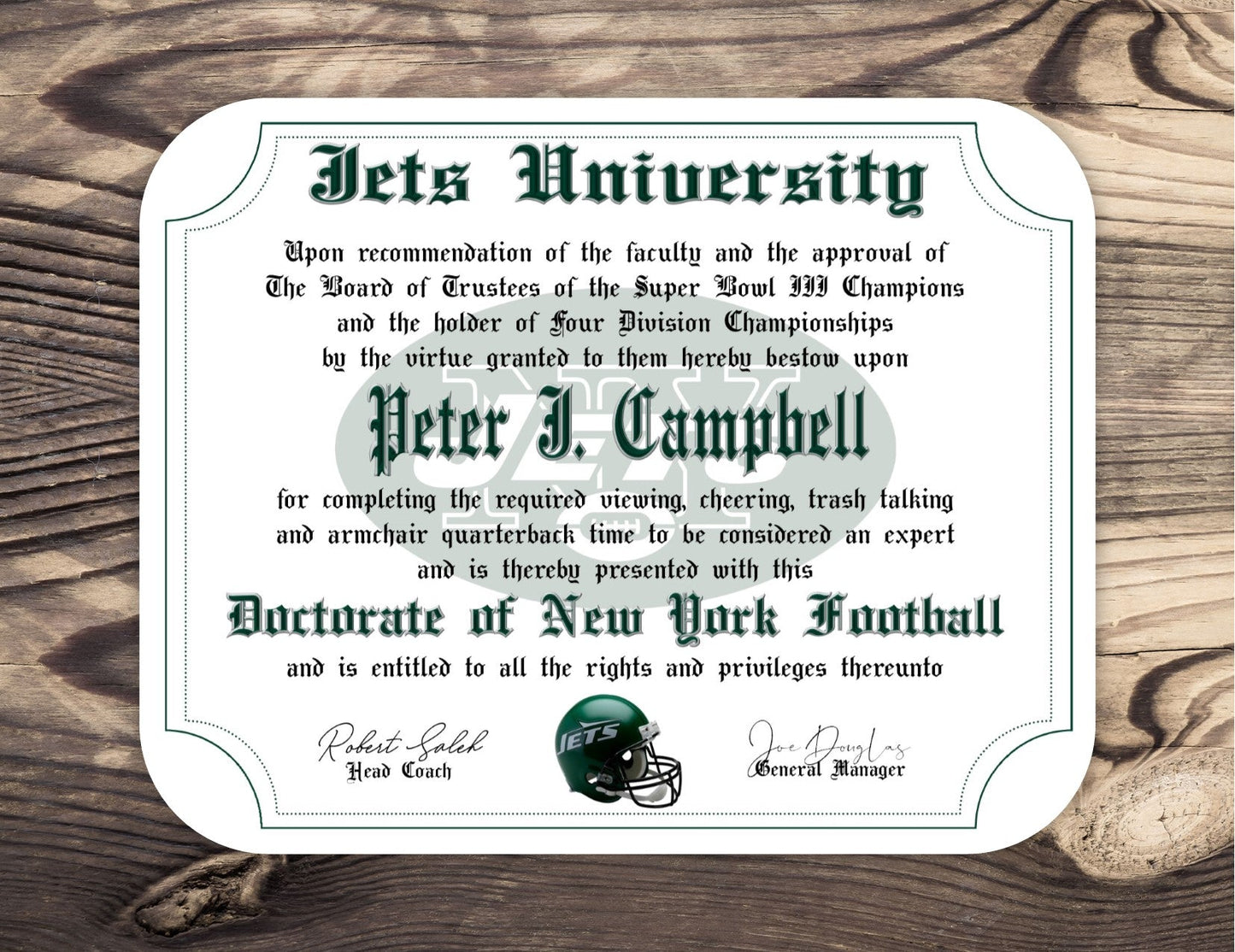 New York Jets Ultimate Football Fan Personalized Diploma - Mouse Pad - #1 Fan Certificate