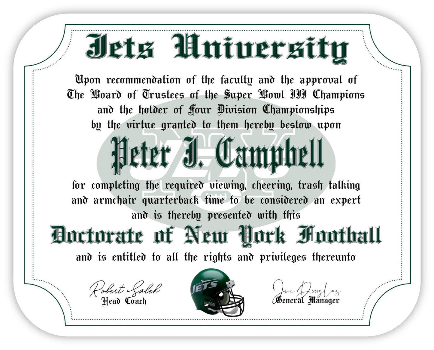 New York Jets Ultimate Football Fan Personalized Diploma - Mouse Pad - #1 Fan Certificate