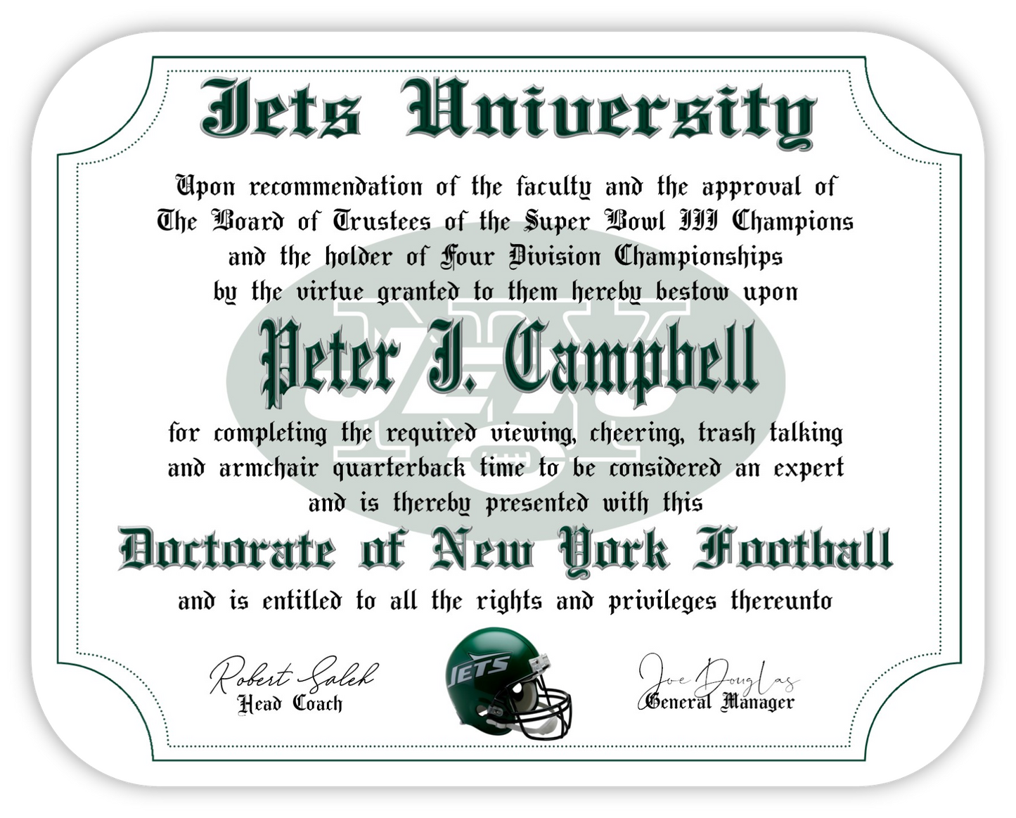 New York Jets Ultimate Football Fan Personalized Diploma - Mouse Pad - #1 Fan Certificate