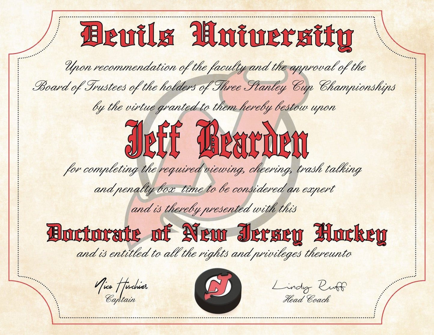 New Jersey Devils Ultimate Hockey Fan Personalized Diploma - Perfect Gift