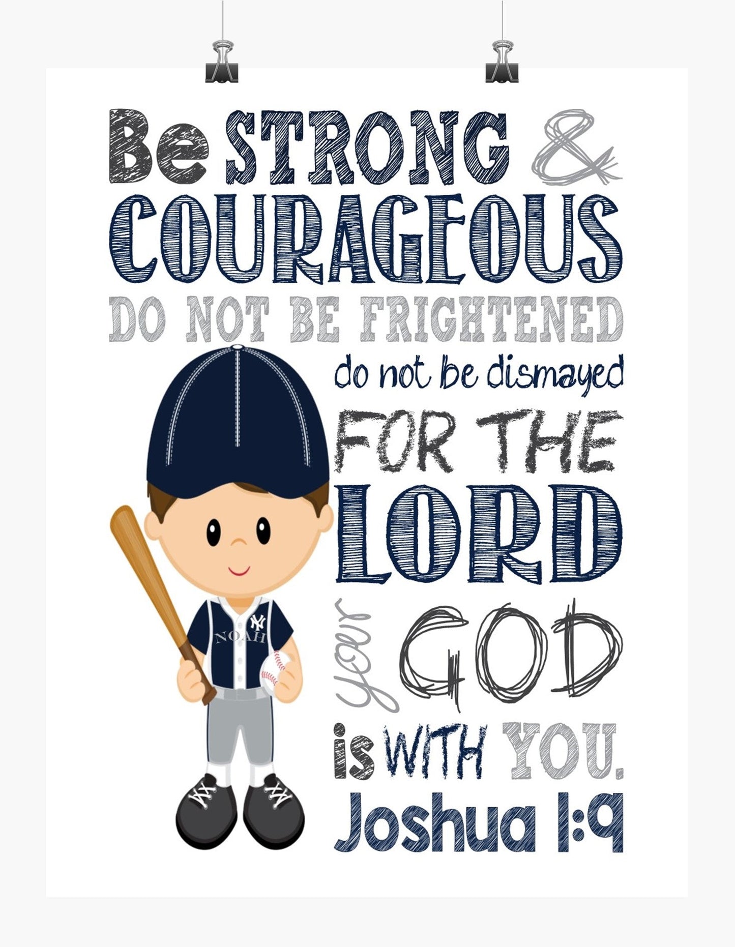 New York Yankees Personalized Christian Sports Nursery Decor Print - Be Strong & Courageous Joshua 1:9