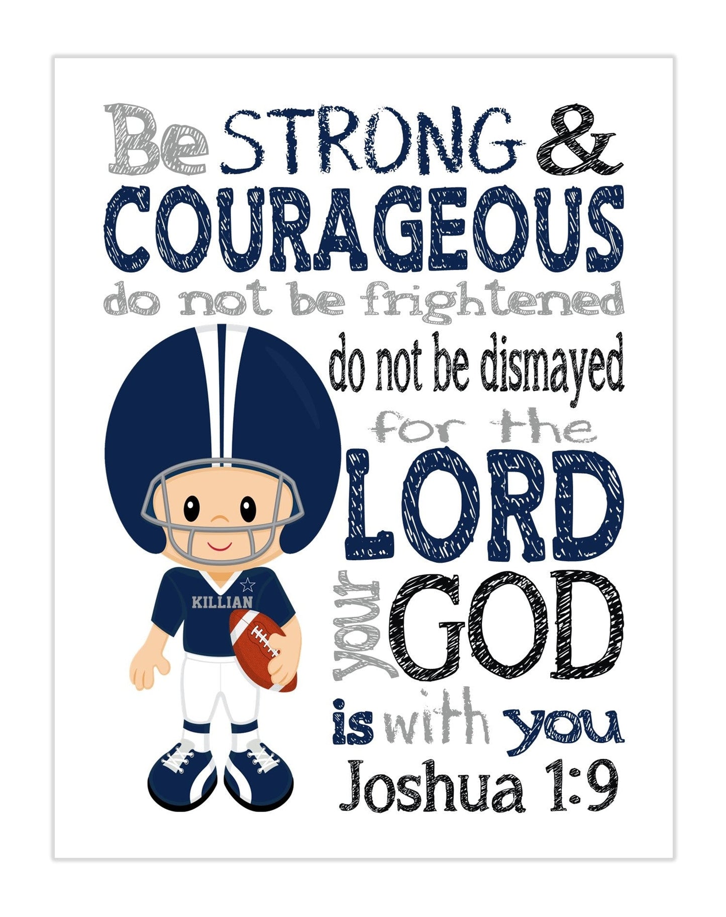 Personalized Dallas Cowboys Christian Sports Nursery Decor Unframed Print - Be Strong and Courageous Joshua 1:9