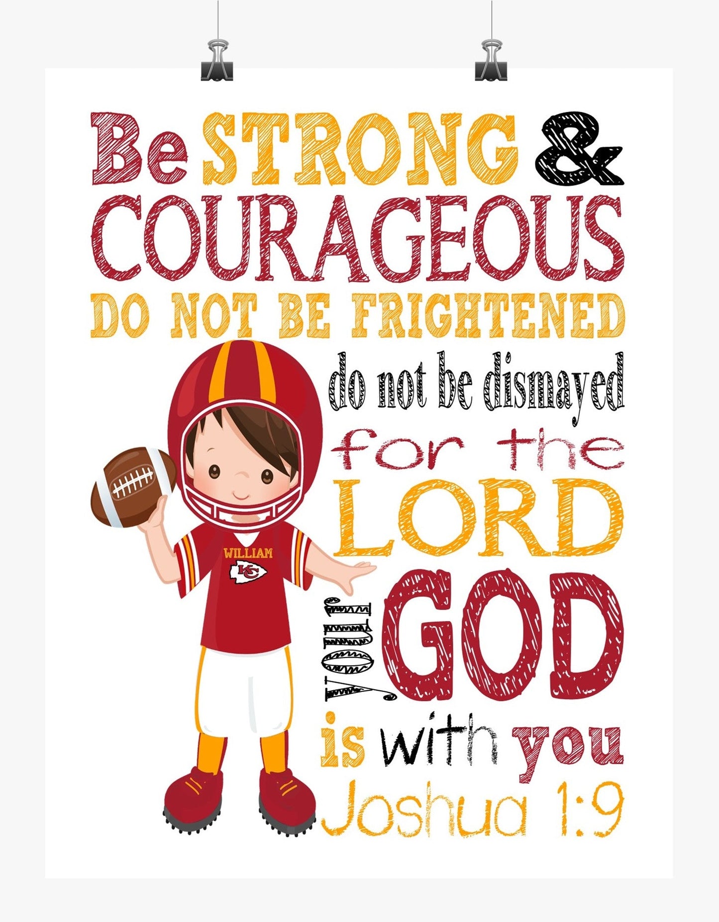 Personalized Kansas City Chiefs Christian Sports Nursery Decor Print - Be Strong and Courageous Joshua 1:9