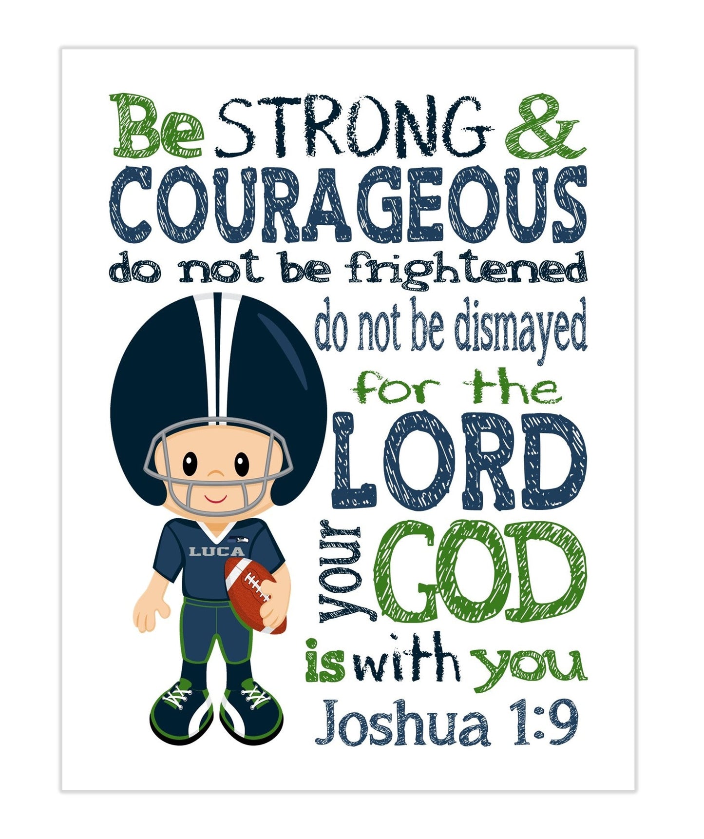 Seattle Seahawks Personalized Christian Sports Nursery Decor Print - Be Strong and Courageous Joshua 1:9