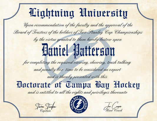 Tampa Bay Lightning Ultimate Hockey Fan Personalized Diploma - Stanley Cup Champions