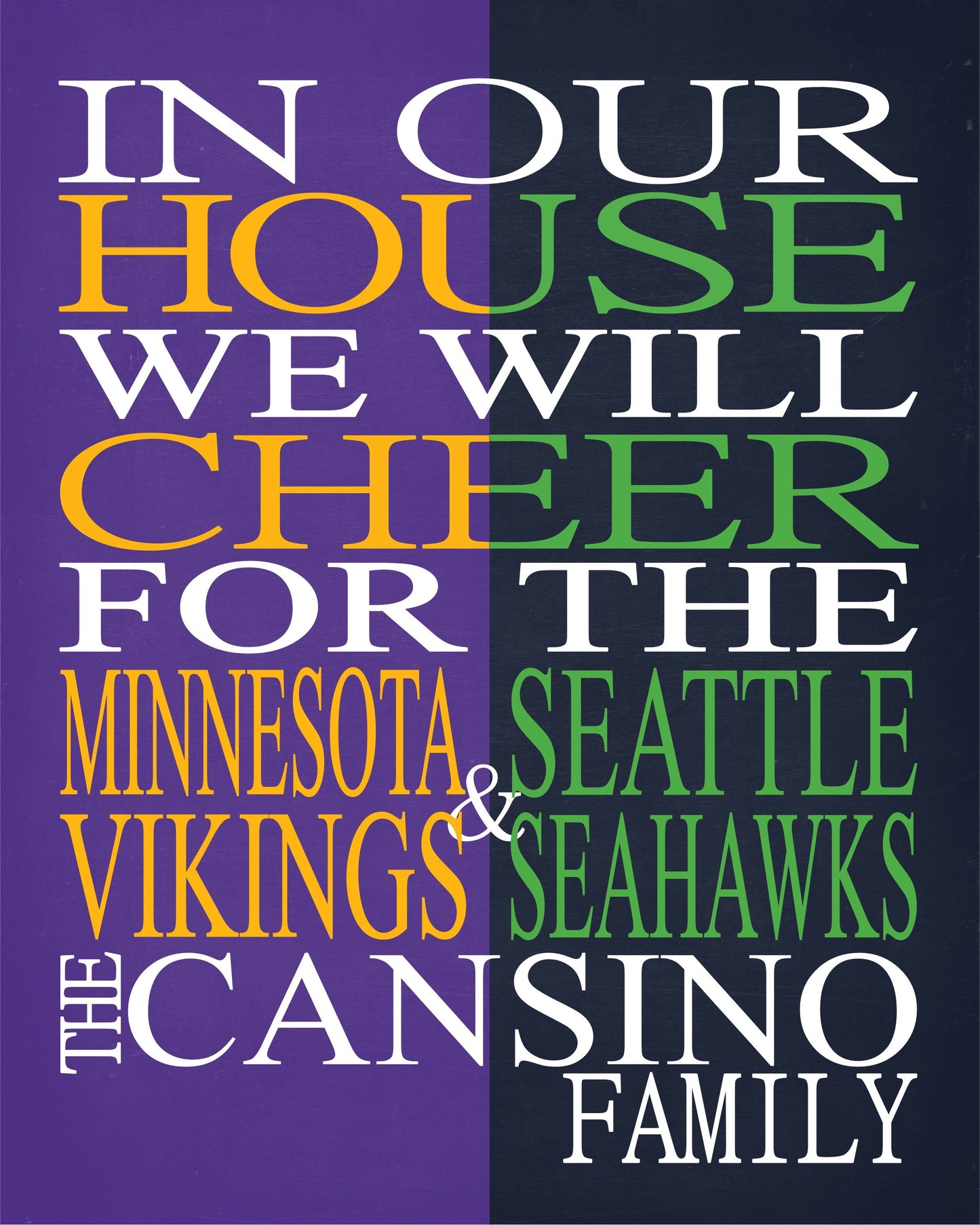 In Our House we Will Cheer for The Minnesota Vikings and Seattle Seahawks Personalized Family Name Print