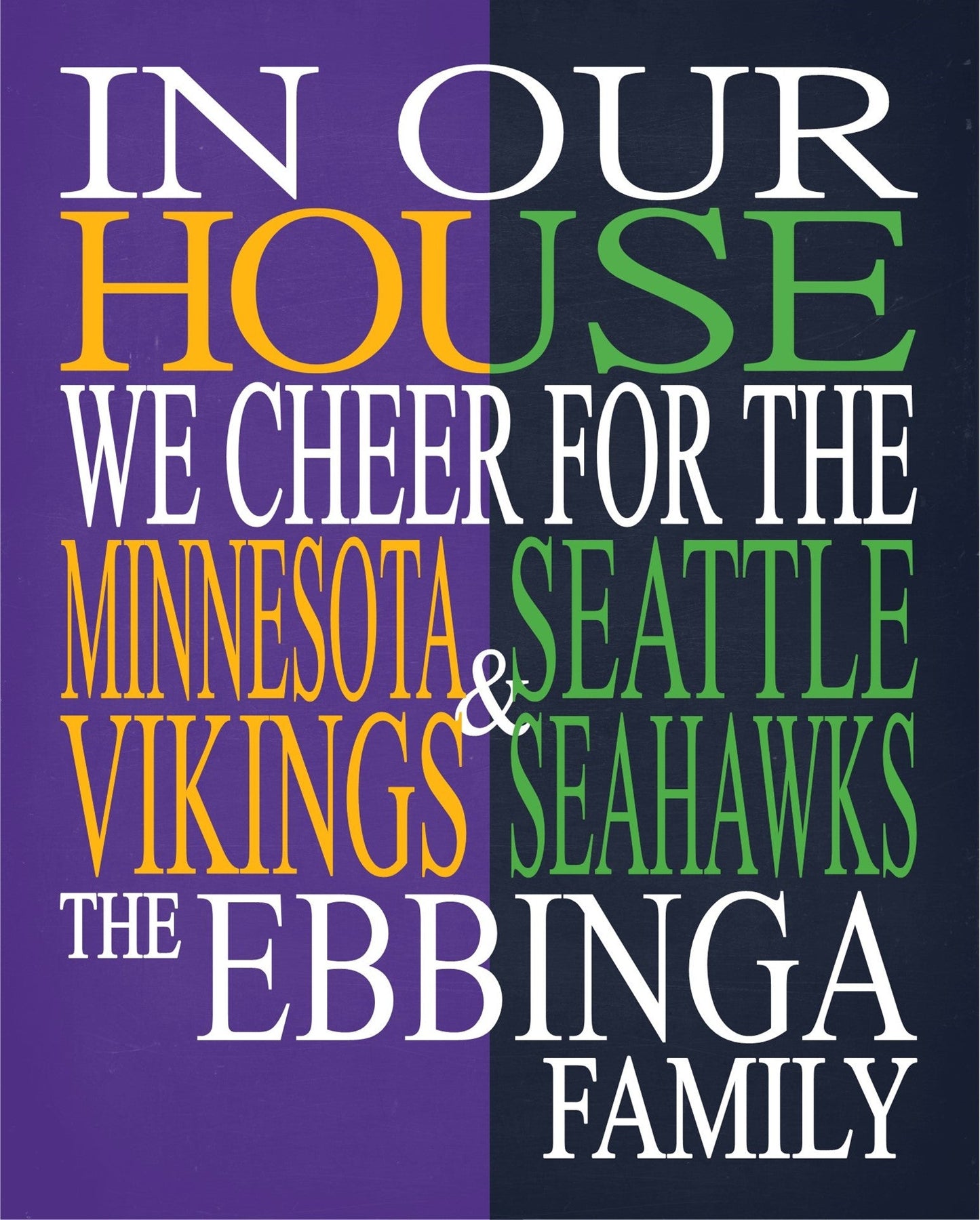 In Our House We Cheer for The Minnesota Vikings and Seattle Seahawks Personalized Family Name Print