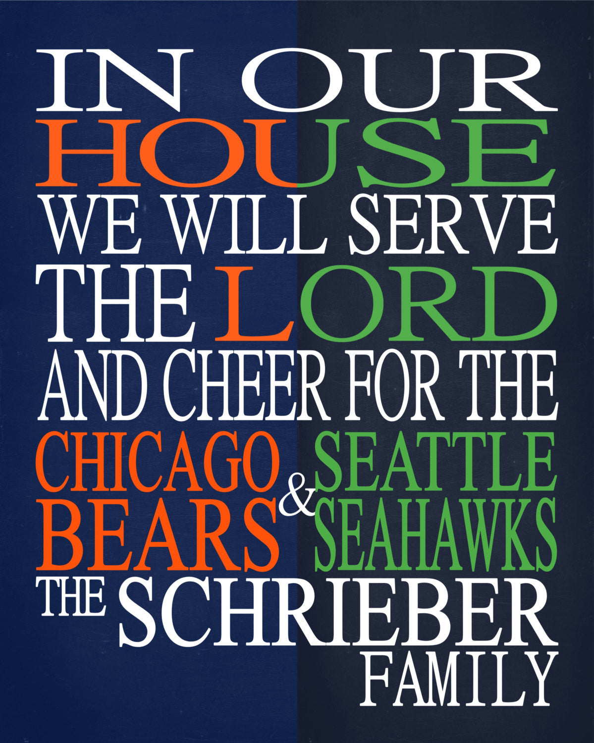 A House Divided - Chicago Bears & Seattle Seahawks Personalized Family Name Christian Print