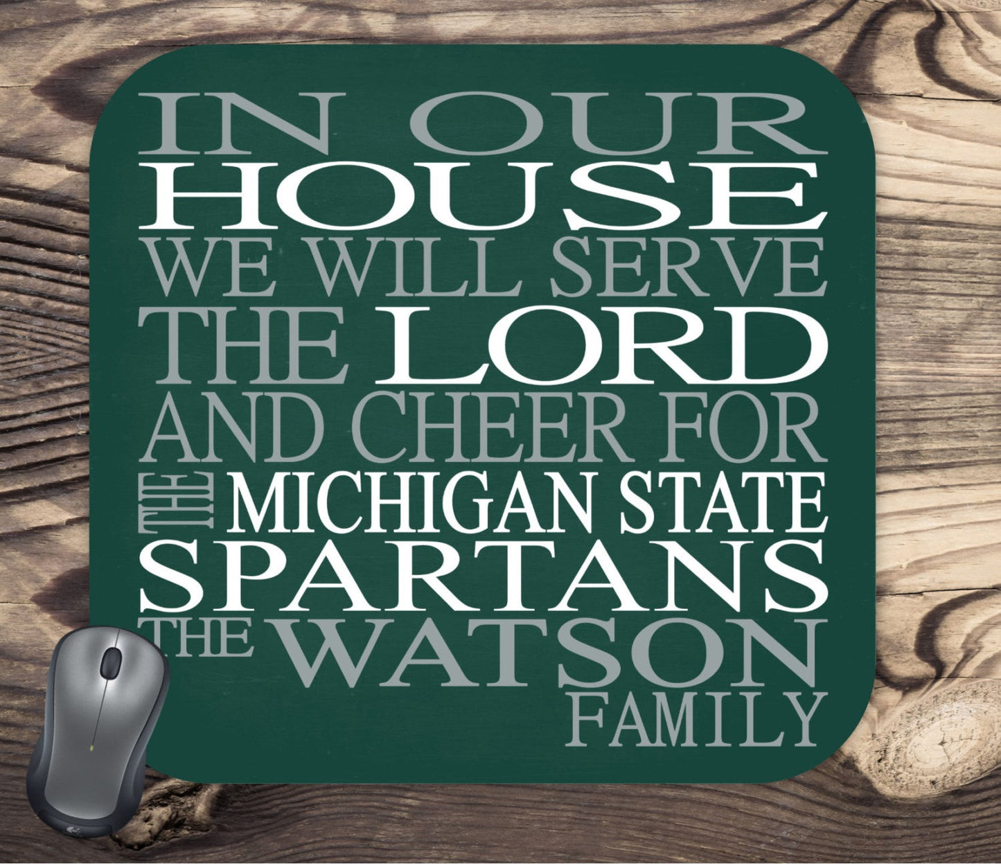 In Our House We Will Serve The Lord And Cheer for The Michigan State Personalized Family Name Christian Mouse Pad - Perfect Gift