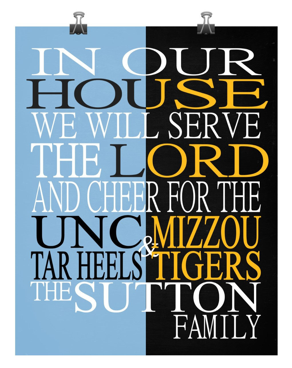 A House Divided UNC Tar Heels and Mizzou Tigers Personalized Family Name Christian Print