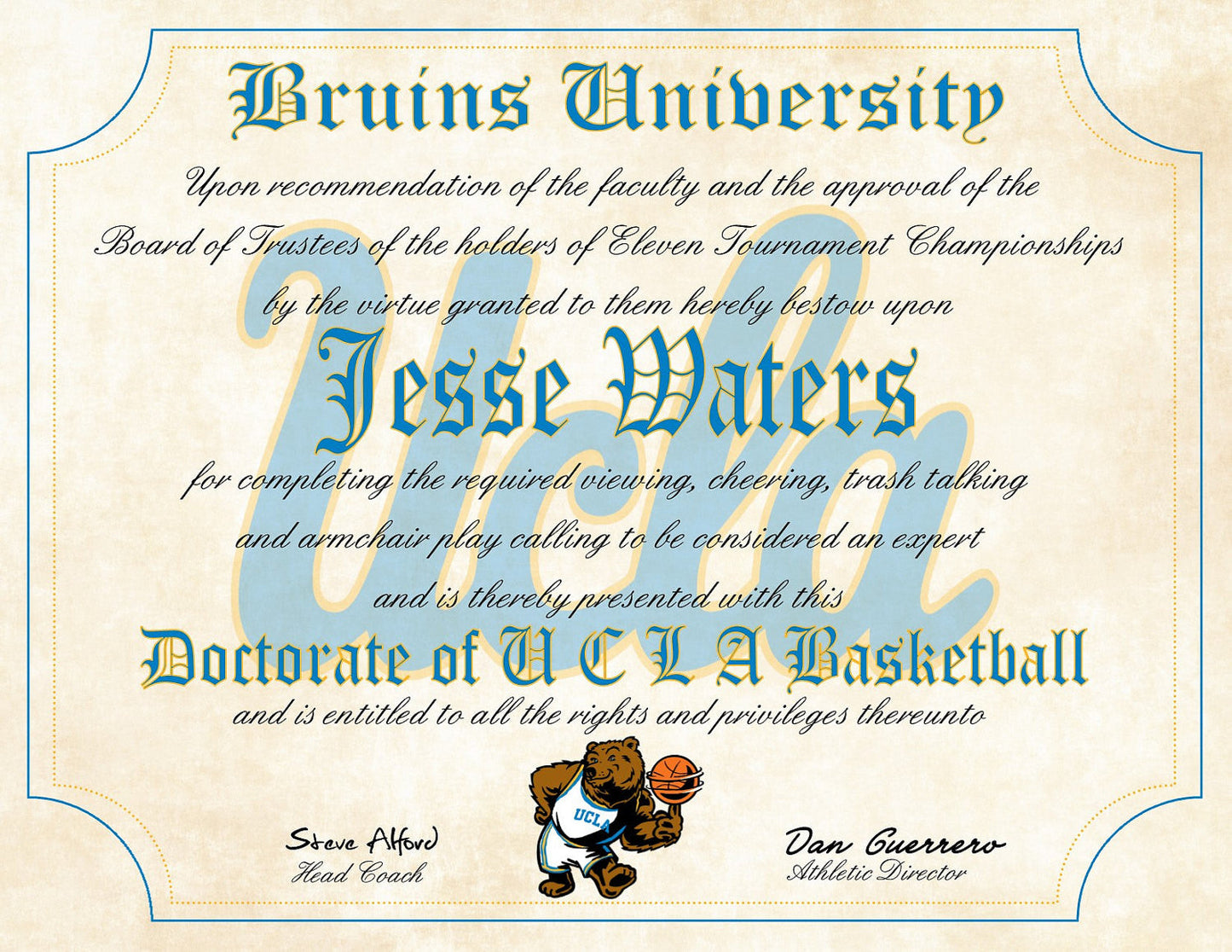 UCLA Bruins Ultimate Basketball Fan Personalized Diploma - Perfect Gift - 8.5" x 11" Parchment Paper