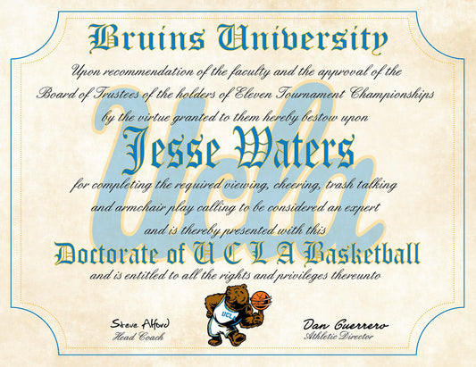 UCLA Bruins Ultimate Basketball Fan Personalized Diploma - Perfect Gift - 8.5" x 11" Parchment Paper