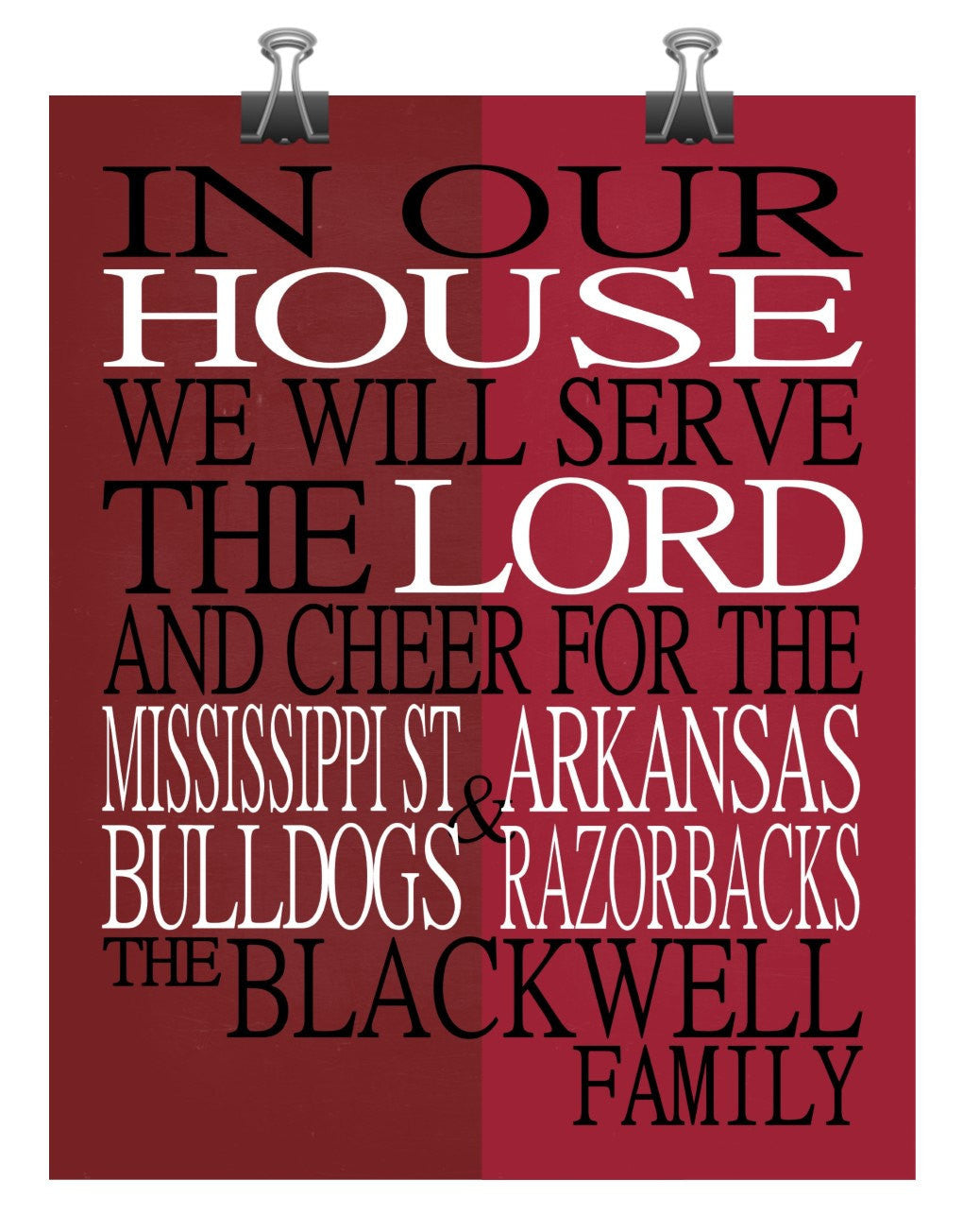 A House Divided - Mississippi State Bulldogs & Arkansas Razorbacks Personalized Family Name Christian Print