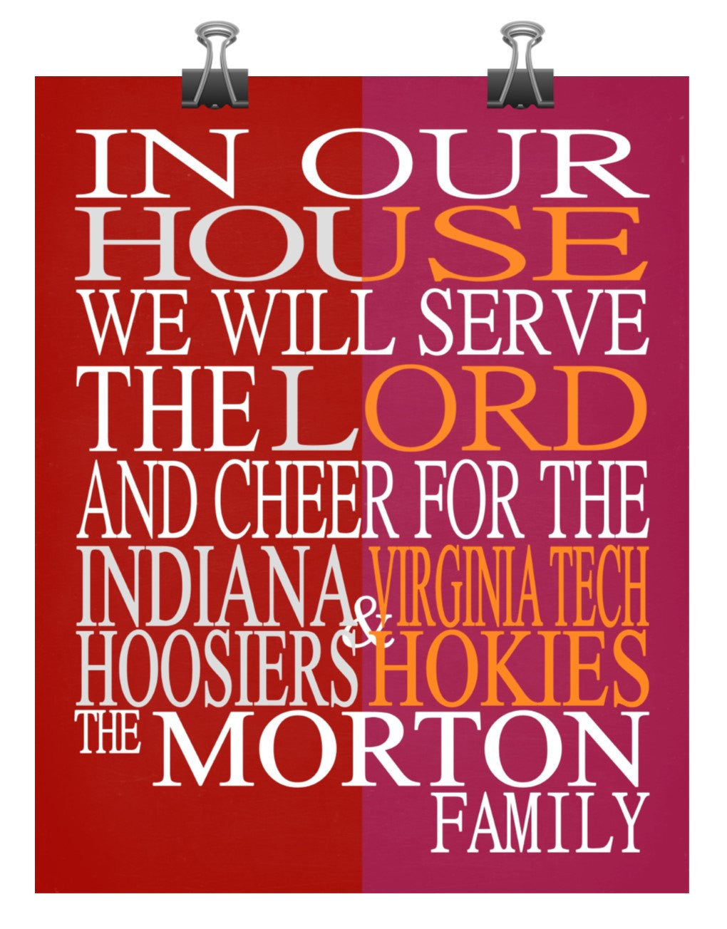 A House Divided - Indiana Hoosiers & Virginia Tech Hokies Personalized Family Name Christian Print