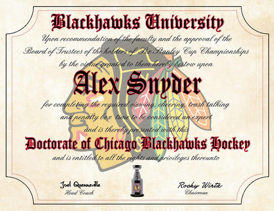 Chicago Blackhawks Ultimate Hockey Fan Personalized Diploma - Perfect Gift - 8.5" x 11" Parchment Paper