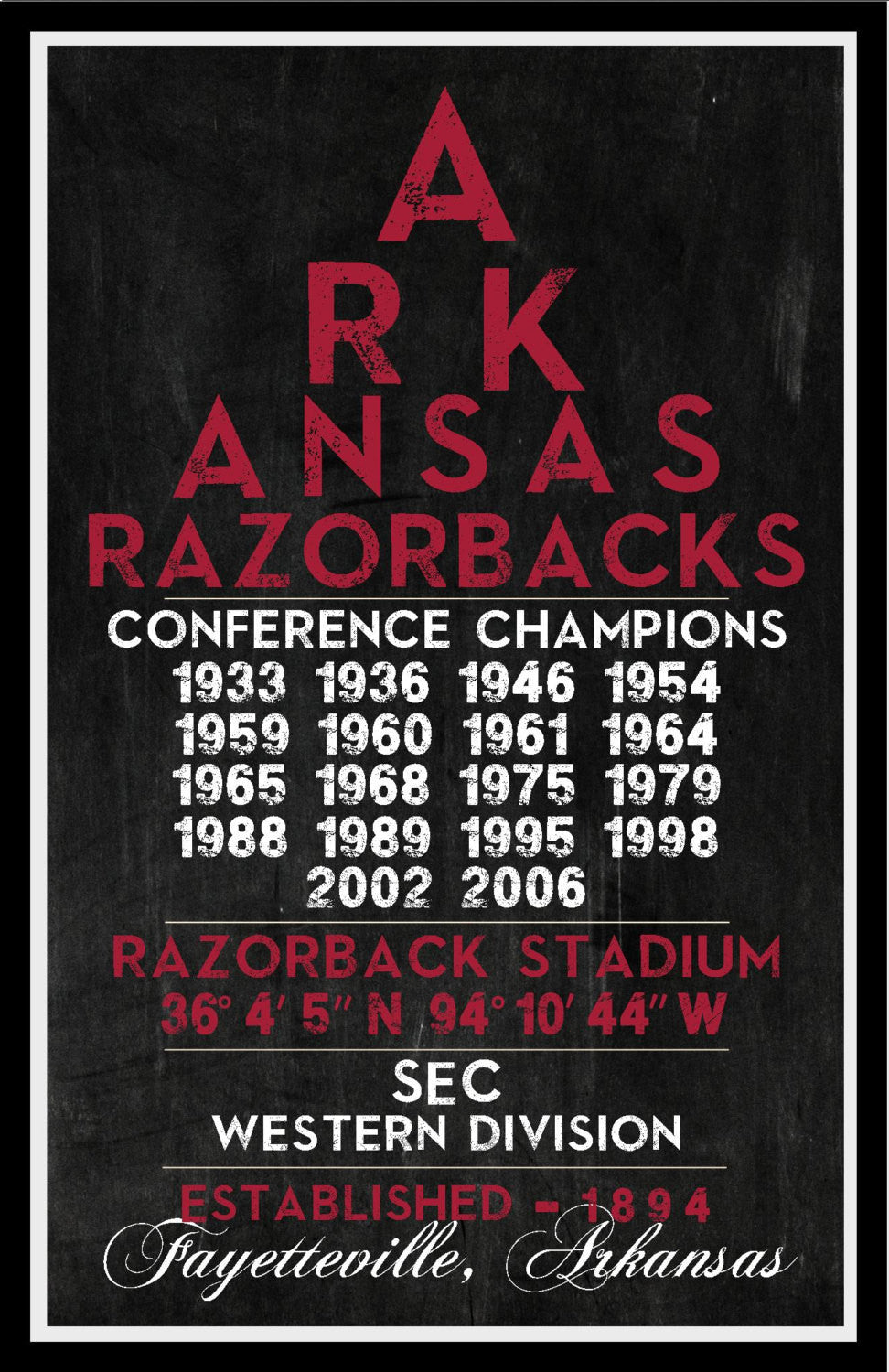 Arkansas Razorbacks - Eye Chart chalkboard print - sports, football, gift for fathers day, subway sign - Eyechart Wall Art