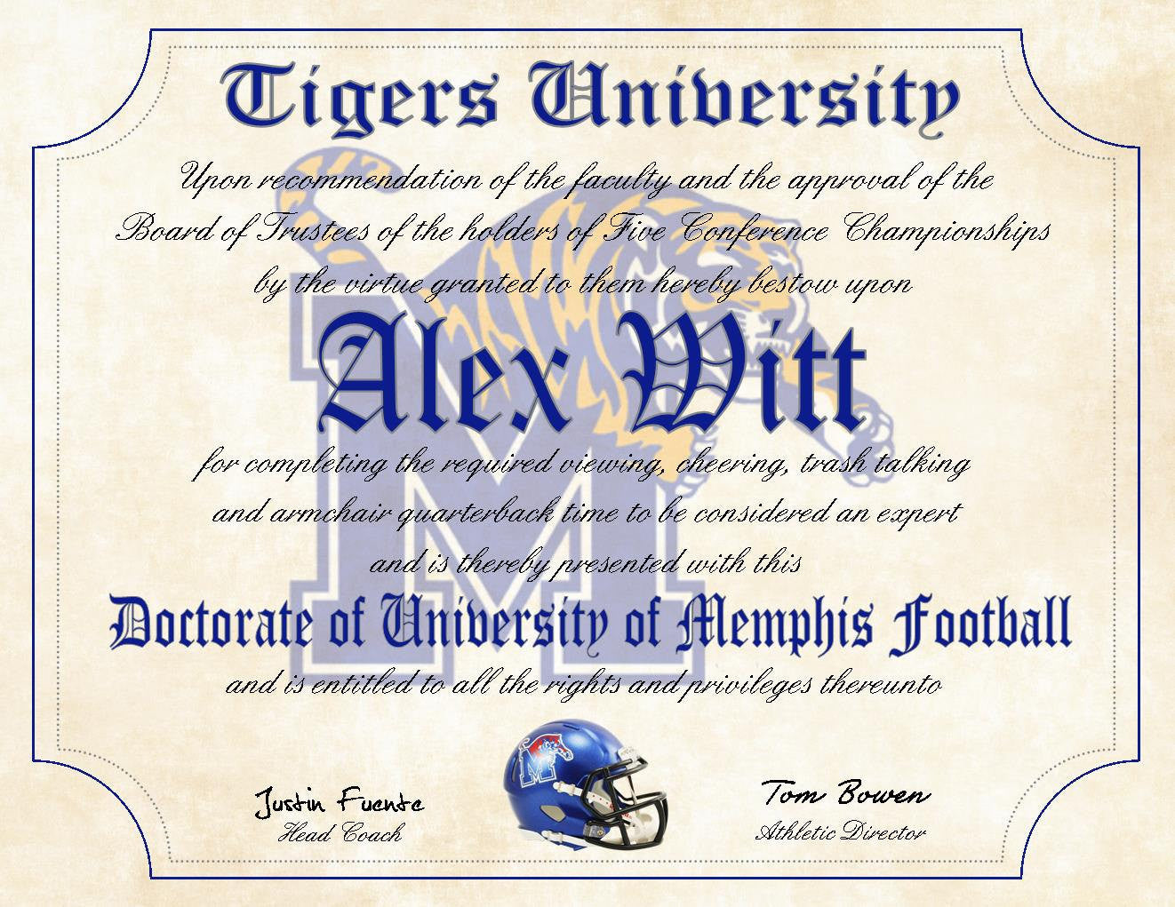 University of Memphis Tigers Ultimate Football Fan Personalized Diploma - 8.5" x 11" Parchment Paper