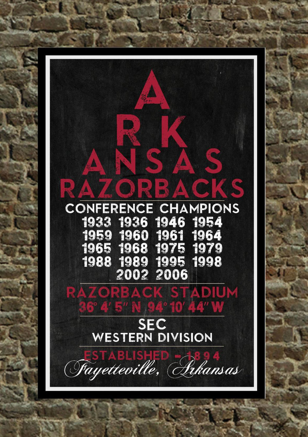 Arkansas Razorbacks - Eye Chart chalkboard print - sports, football, gift for fathers day, subway sign - Eyechart Wall Art