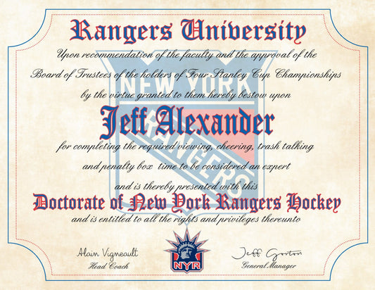 New York Rangers NHL novelty fan diploma, perfect gift or for the fan cave, office or man cave